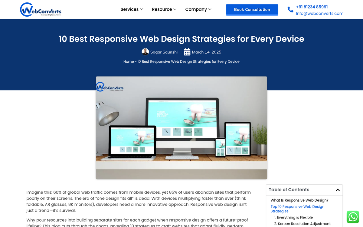 Responsive website adapting across multiple devices