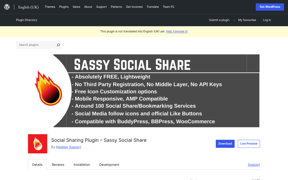 Sassy Social Share plugin interface screenshot
