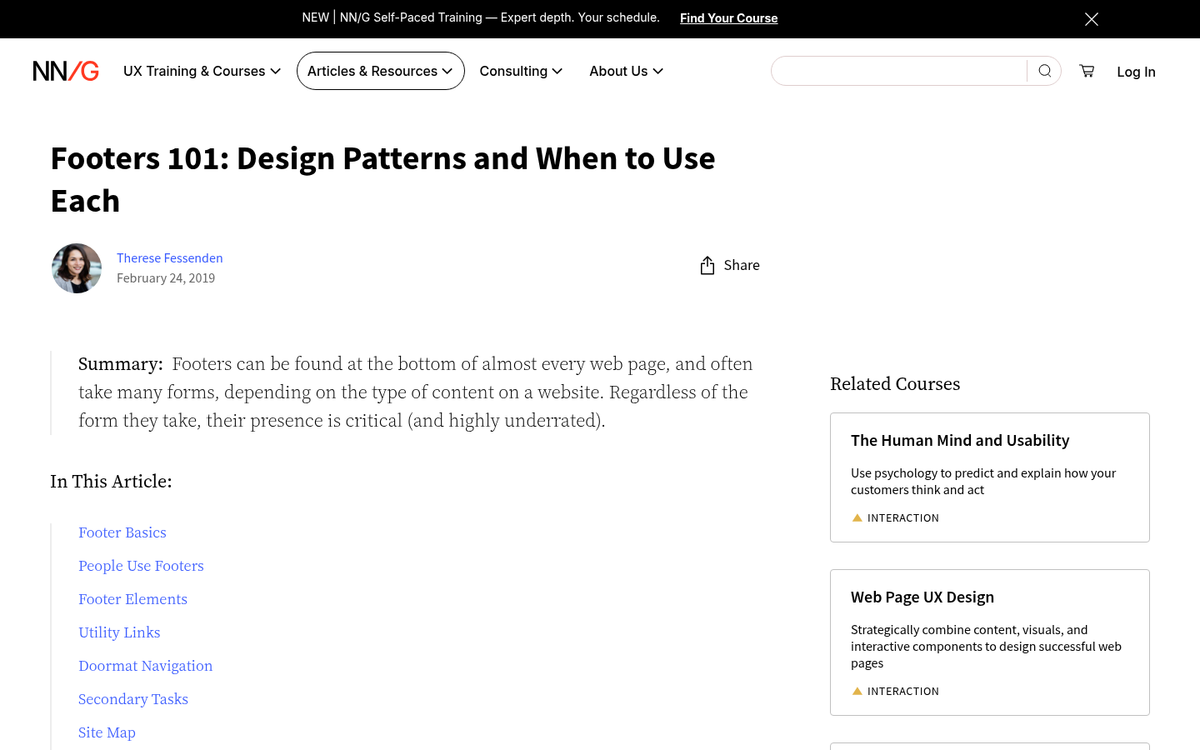 Website footer with navigation links displayed