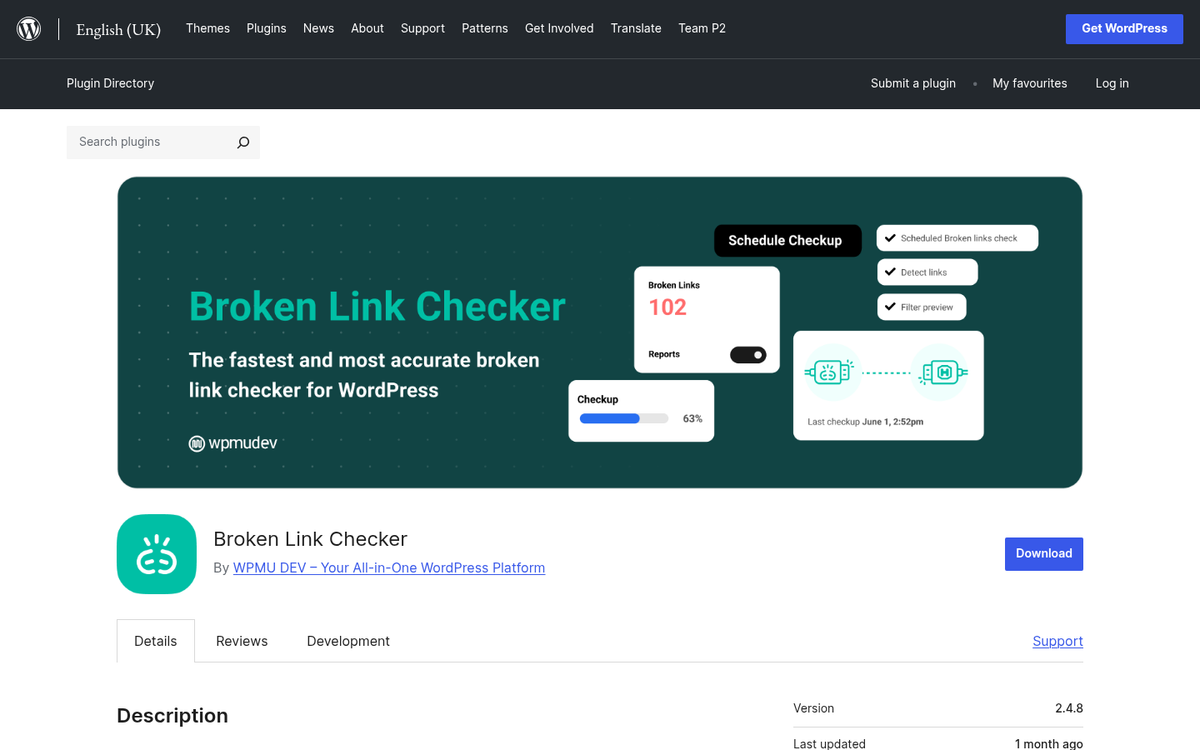 Broken link checker tool results dashboard