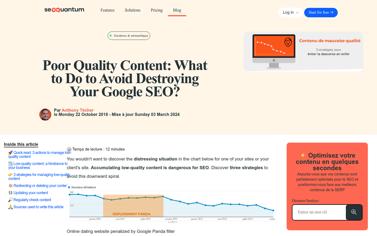 Blog post with low quality content flagged