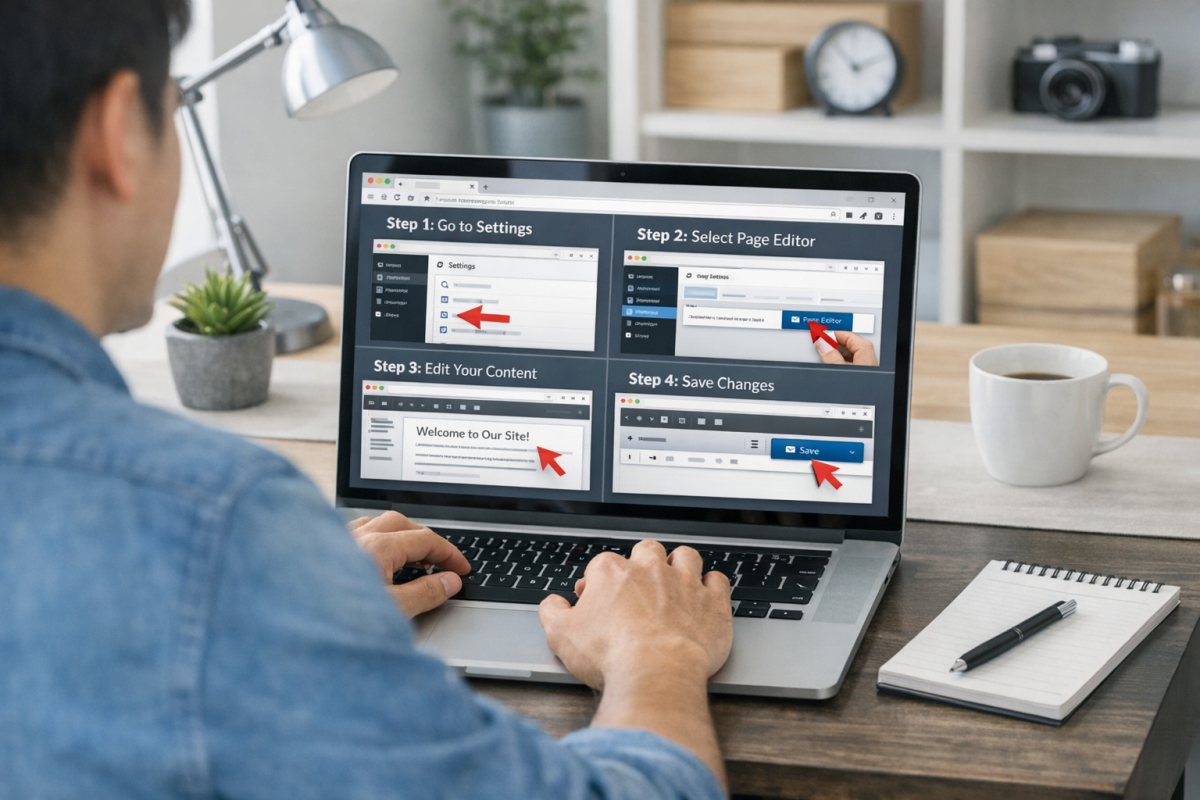 Person updating tutorial steps on laptop