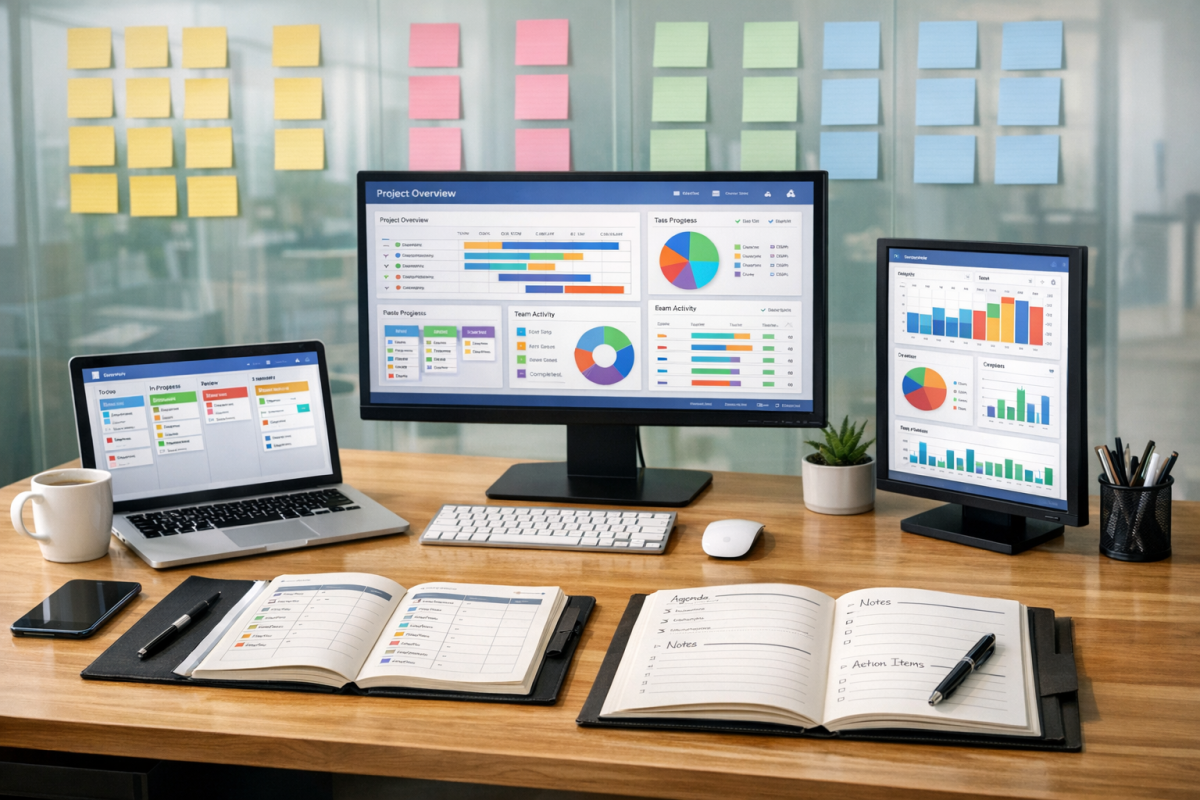Organized digital workspace with productivity tools