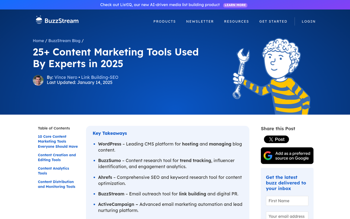 Website screenshot showing content promotion dashboard