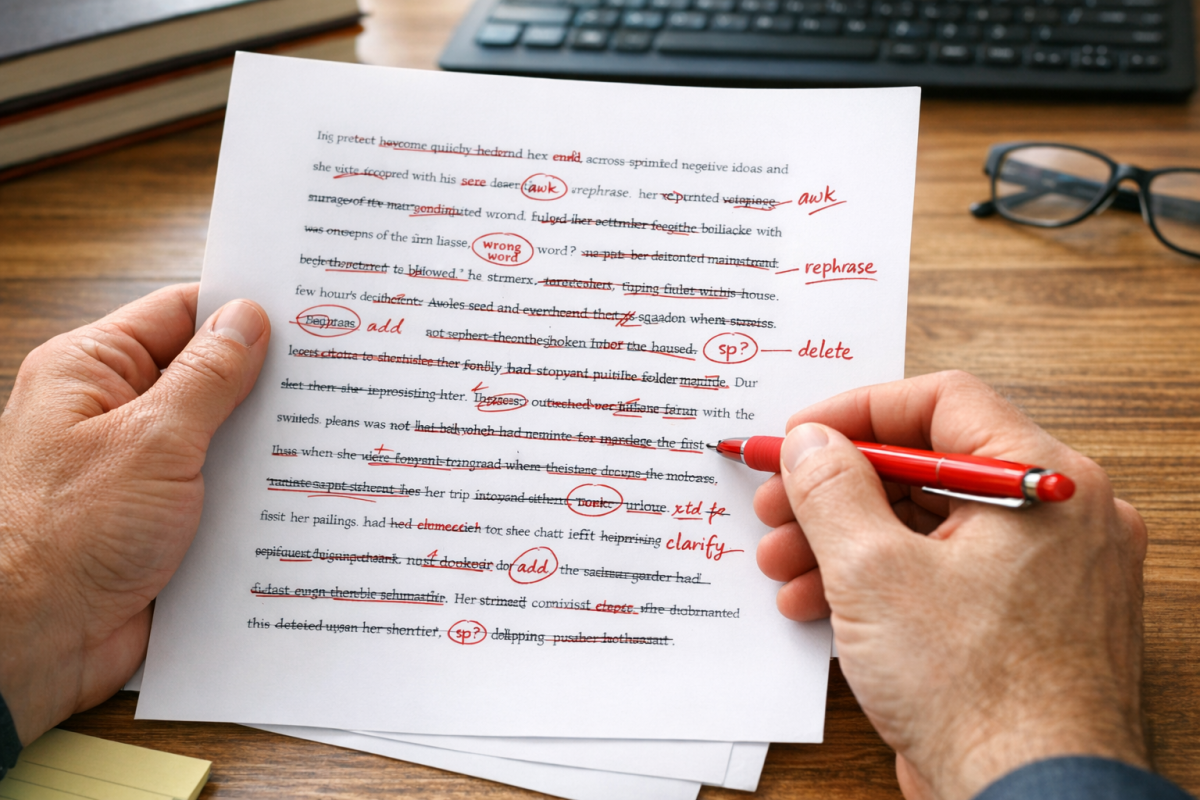 Person proofreading document with red pen