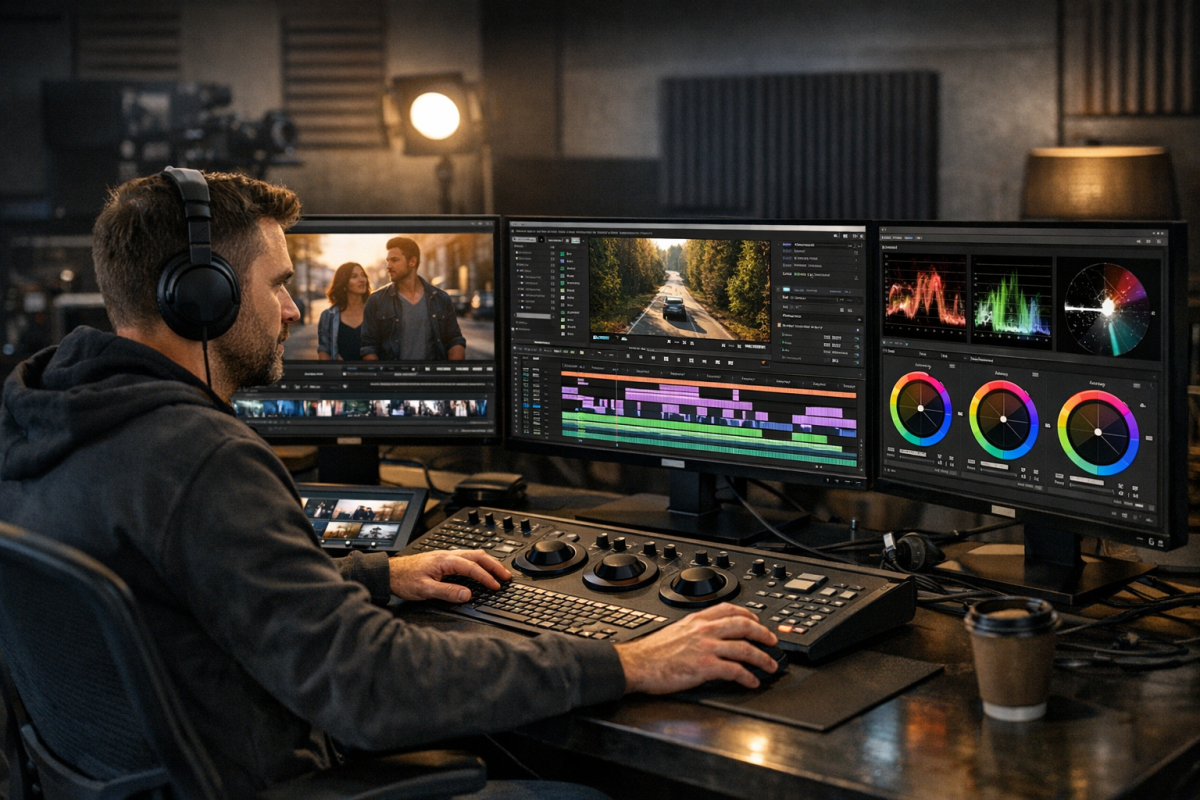 Video editor cutting footage on timeline