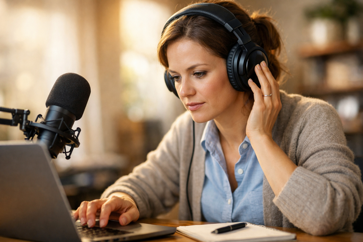 Headphones beside a typed transcription document