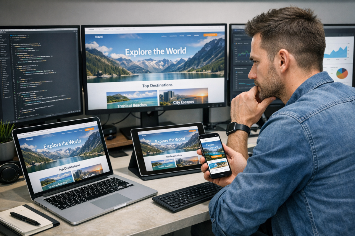 Person testing website on multiple devices