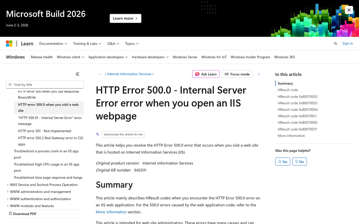 Microsoft IIS 500 internal server error page