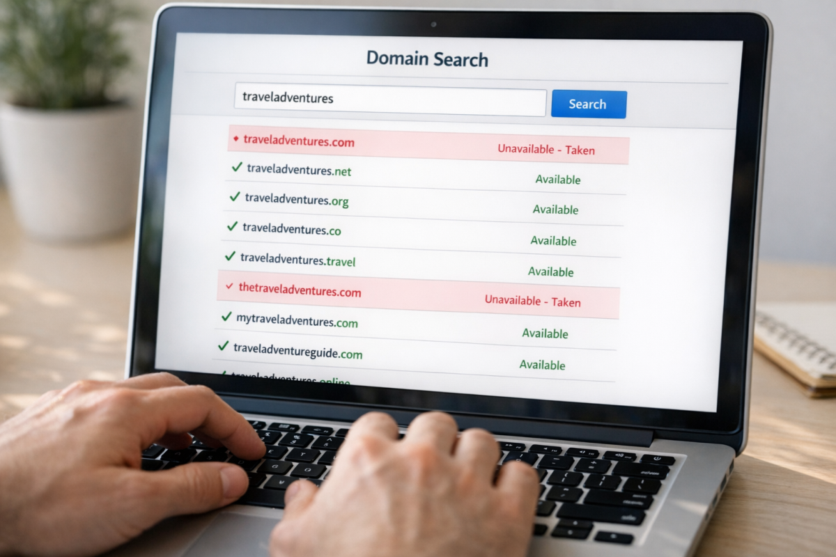 Person checking domain name availability online