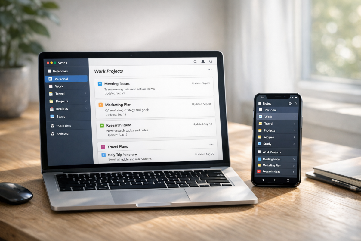 Evernote app interface on a device