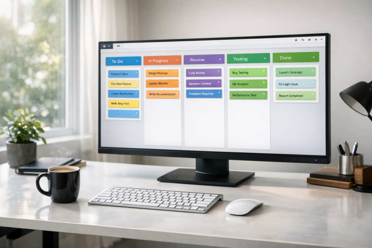 Trello board with organized writing task cards