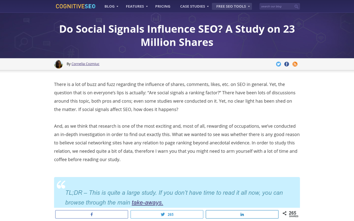 SEO data chart showing social signals correlation