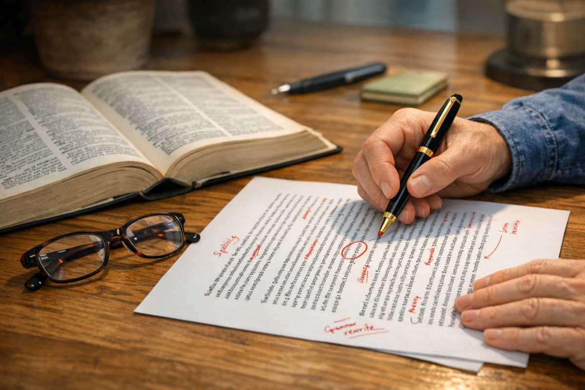 Person proofreading text on a laptop