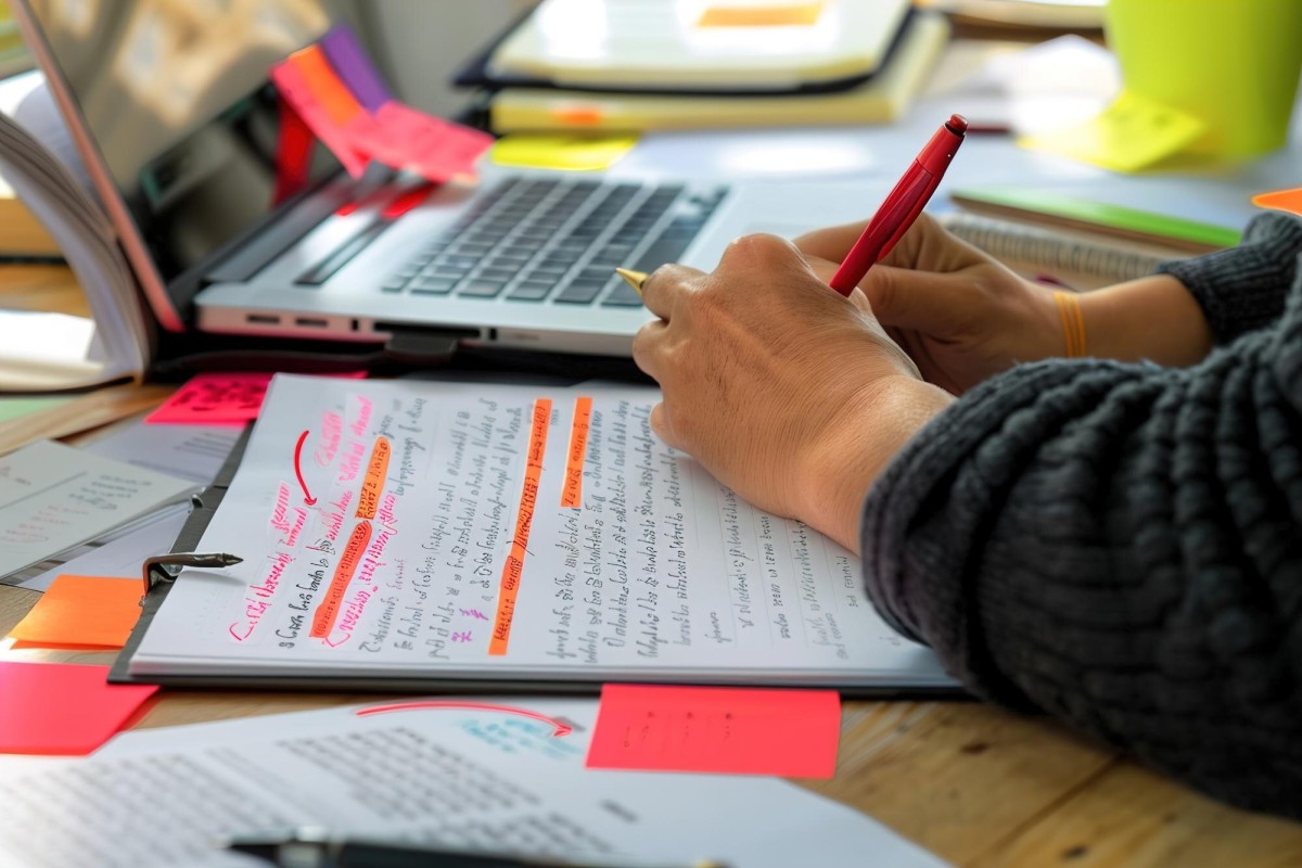 Person proofreading written content on screen