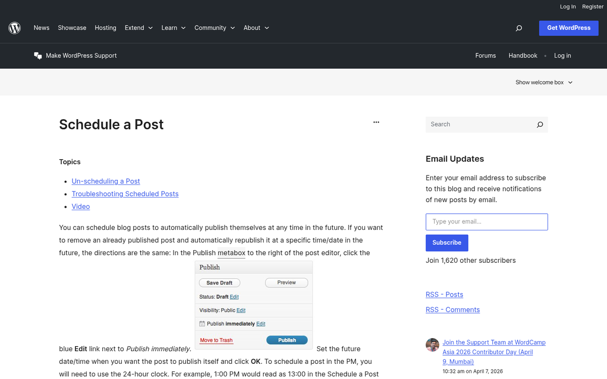 WordPress post scheduling date and time settings