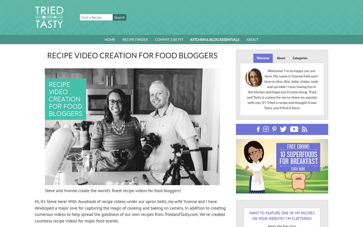 Cooking video blog WordPress website screenshot
