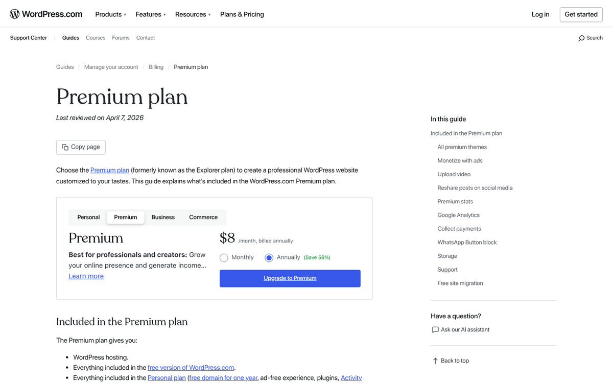 WordPress.com Premium dashboard screenshot
