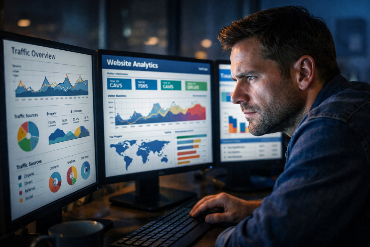 Magnifying glass inspecting website penalty warning