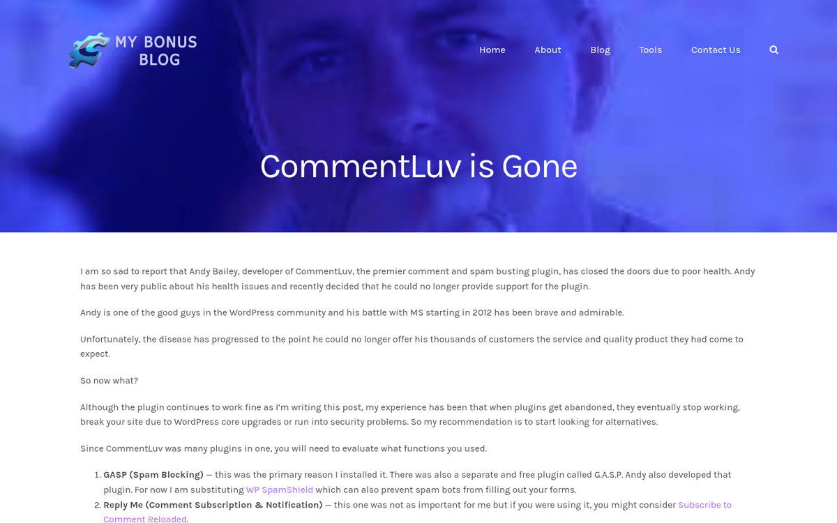 Abandoned CommentLuv plugin website screenshot