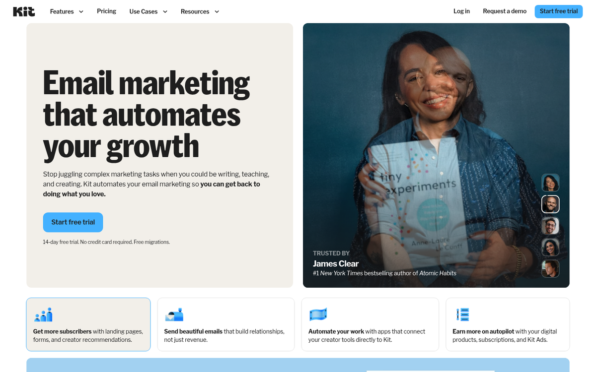 Kit email marketing platform homepage screenshot