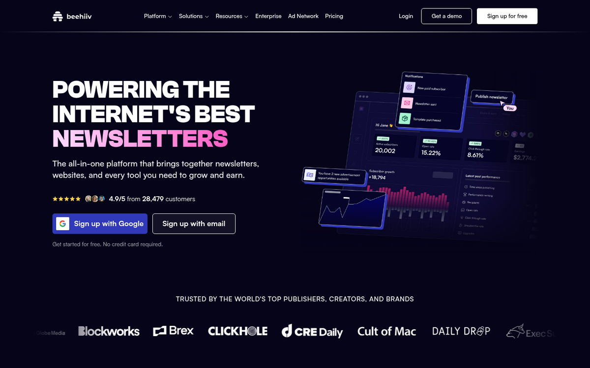 Beehiiv newsletter platform homepage screenshot