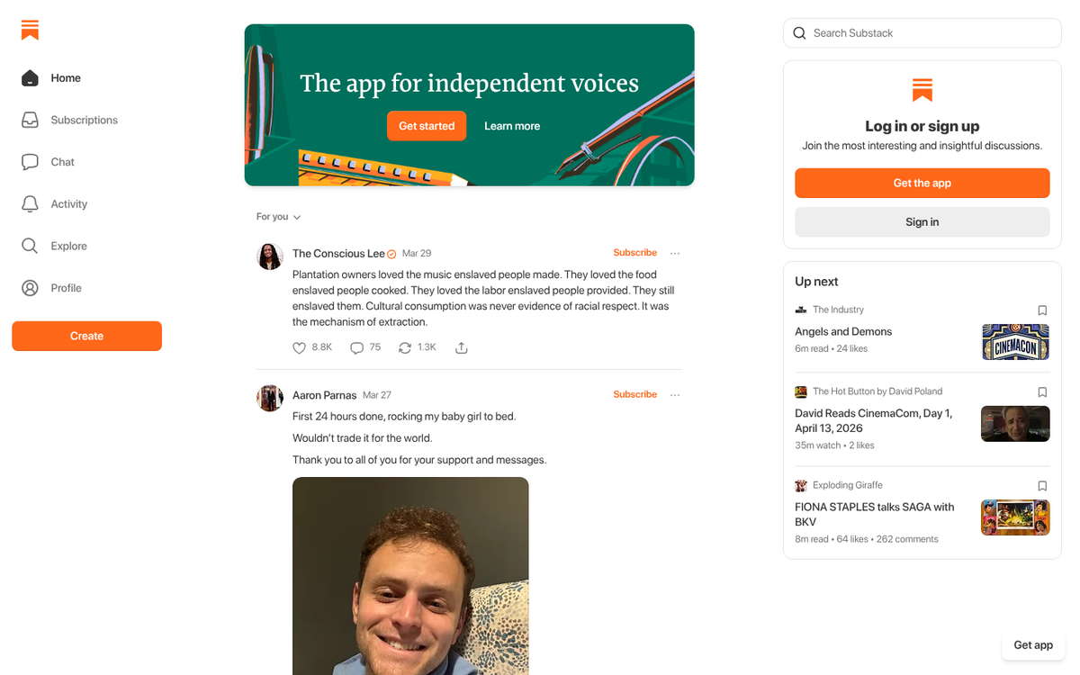 Substack newsletter platform homepage screenshot