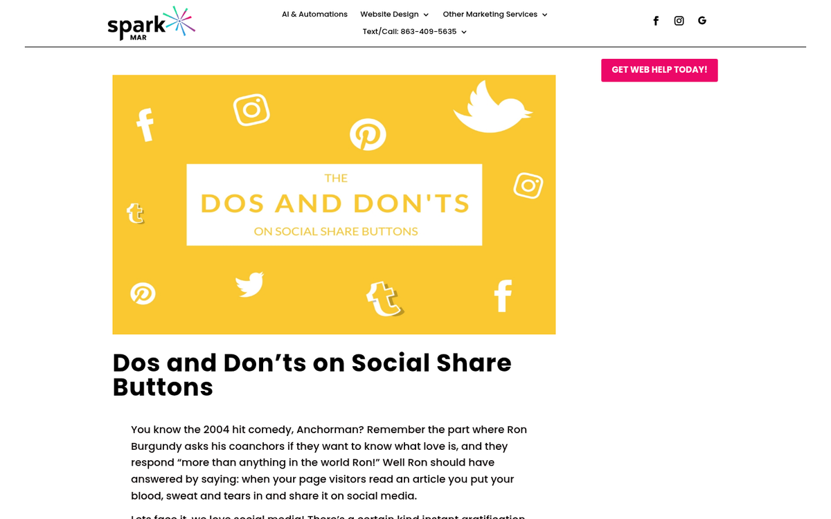 Cluttered webpage with excessive social sharing buttons