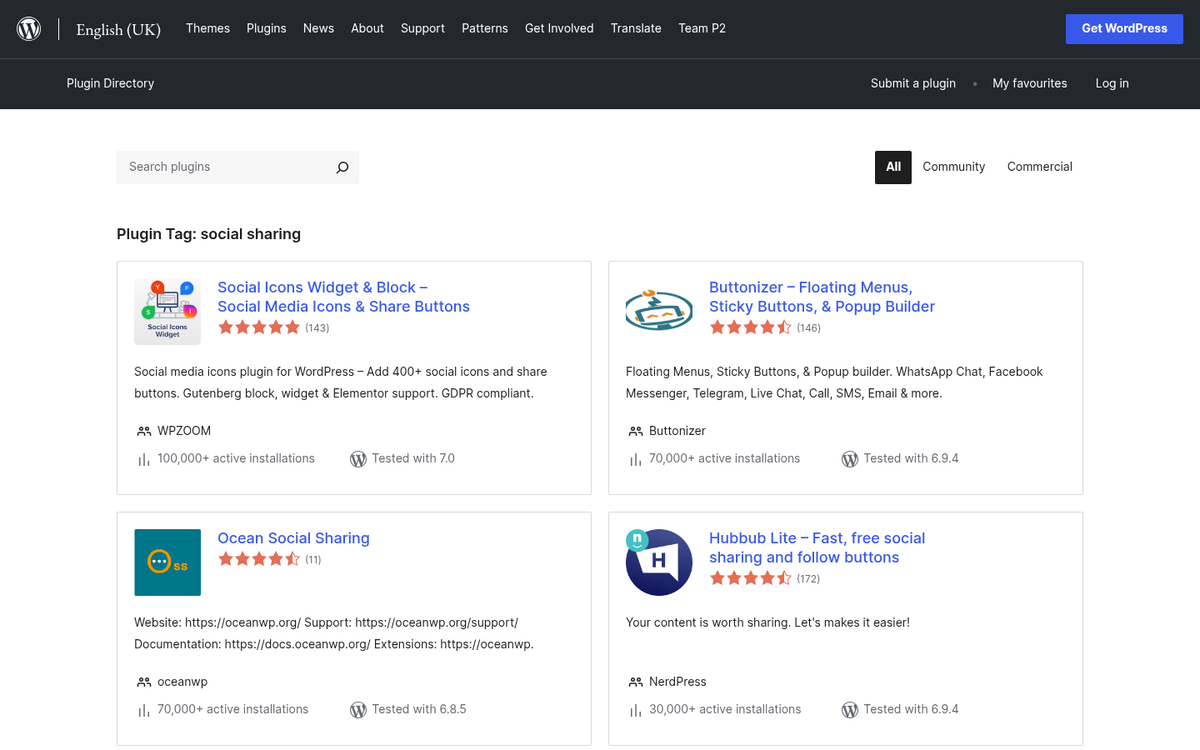 WordPress.org social sharing buttons settings panel