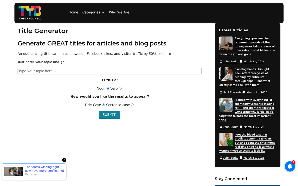 Tweak Your Biz title generator interface screenshot