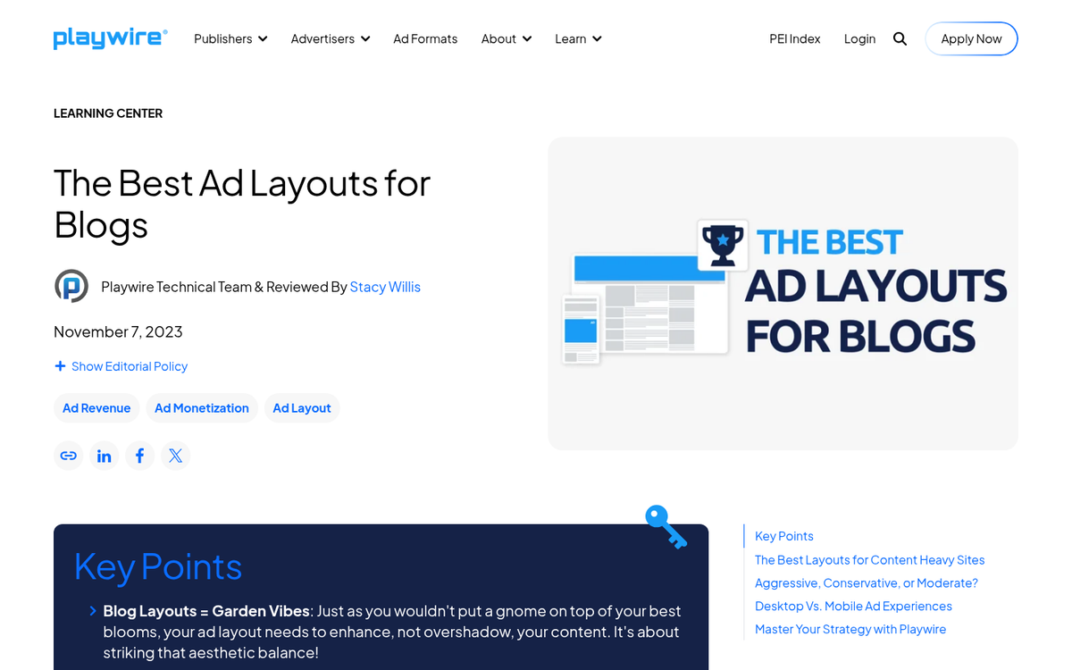 Blog layout with content-focused ad placement