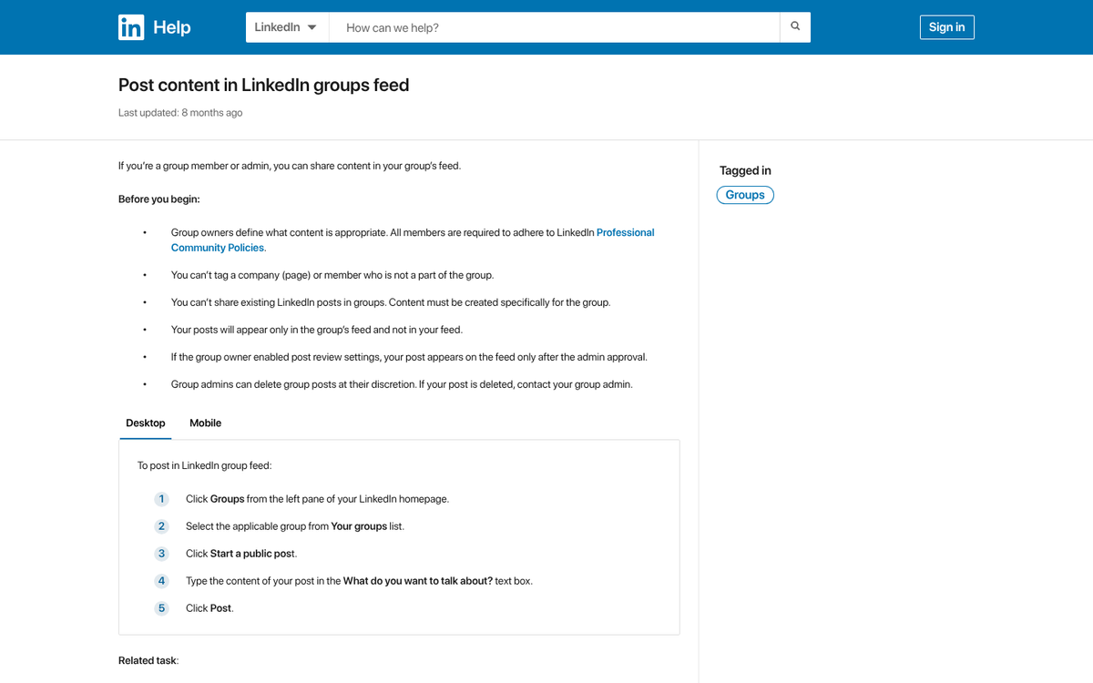 LinkedIn Groups interface showing post sharing