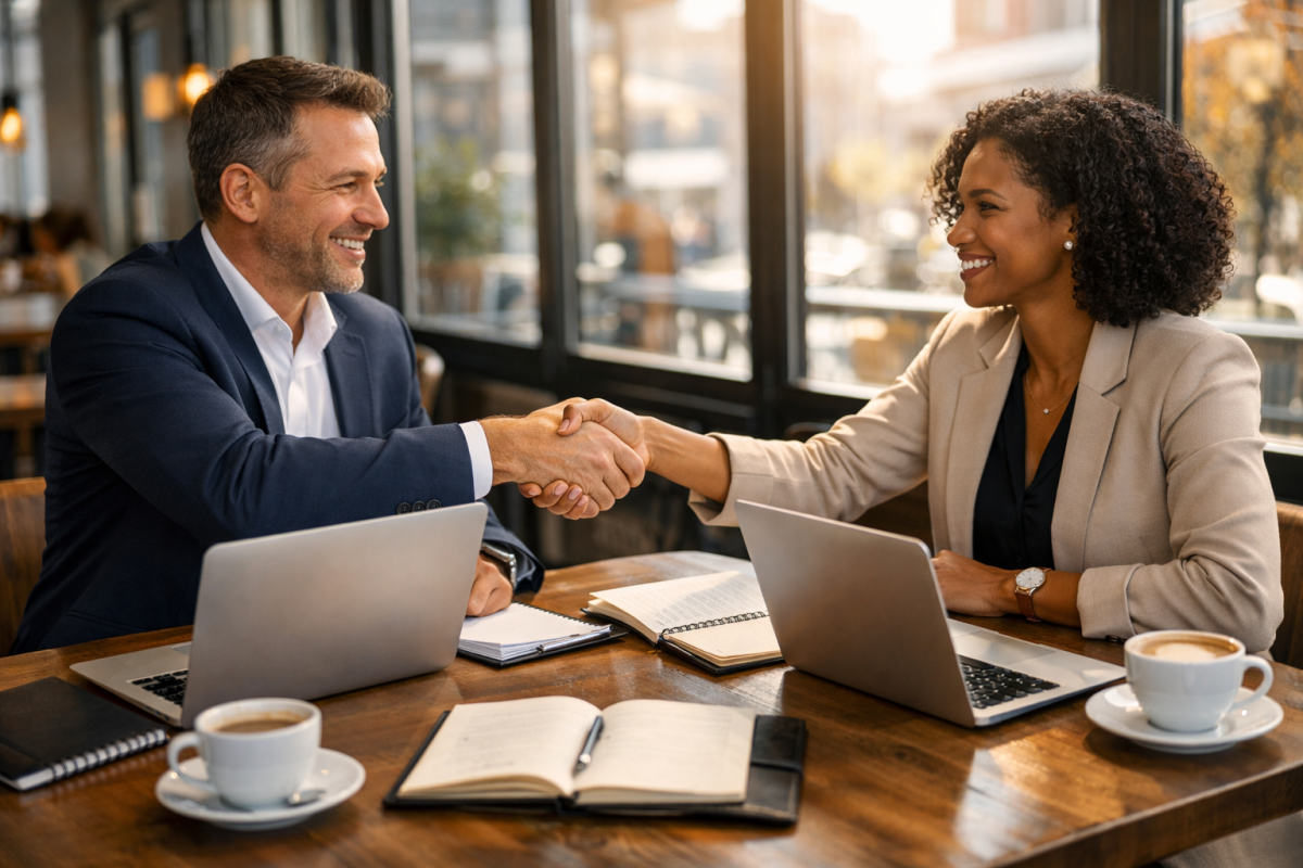 Two professionals discussing content collaboration strategy