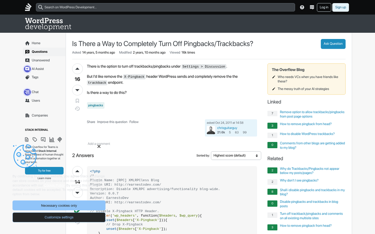 WordPress pingback approval decision interface