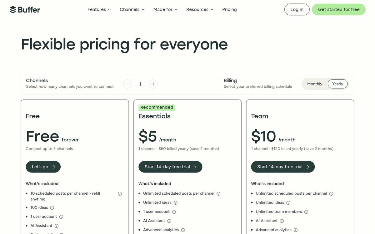 Buffer pricing plans page screenshot