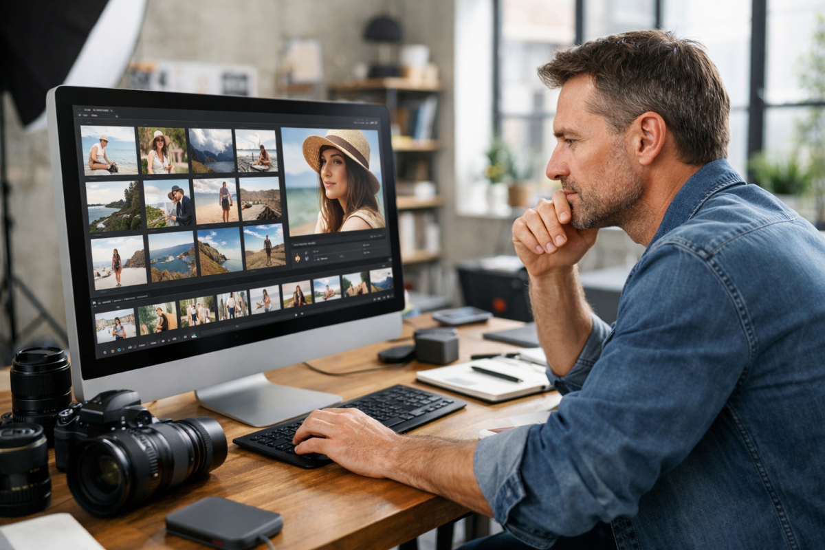 Person selecting images on a computer screen