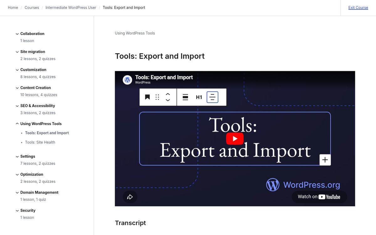 WordPress.com content export settings screen