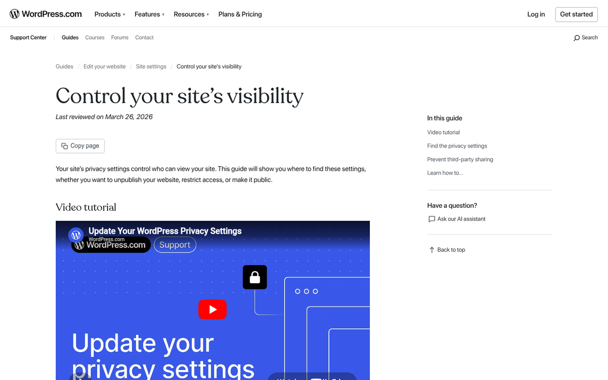 WordPress.com site privacy settings screen