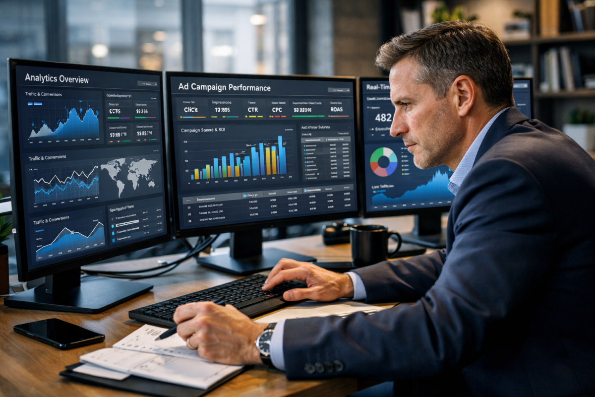 Person analyzing paid traffic campaign data