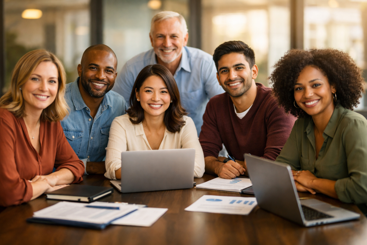 Team members posing for professional group photo
