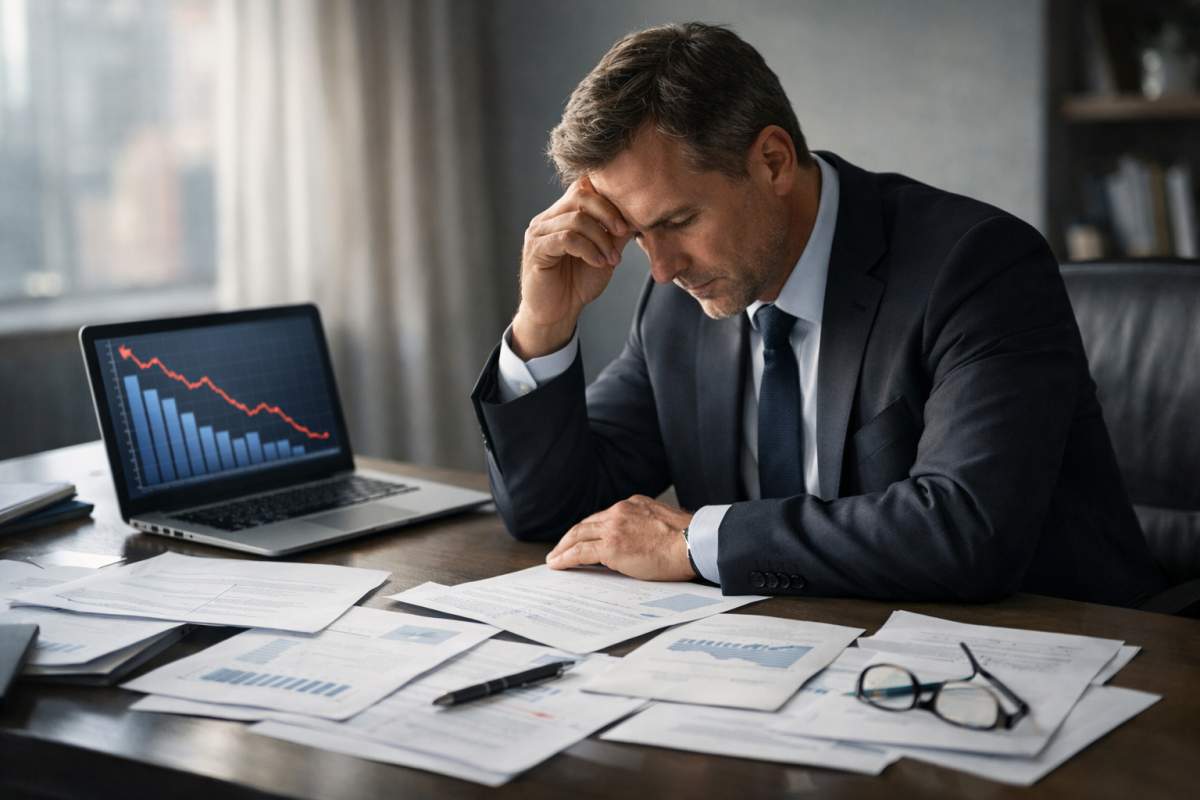 Businessperson reflecting on failed project results