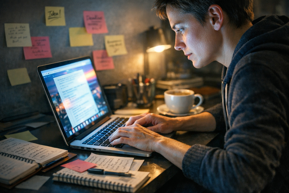 Person reading blog comments on laptop