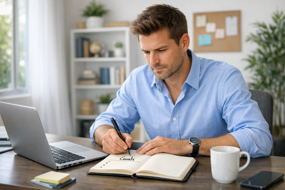 Person writing business goals in notebook