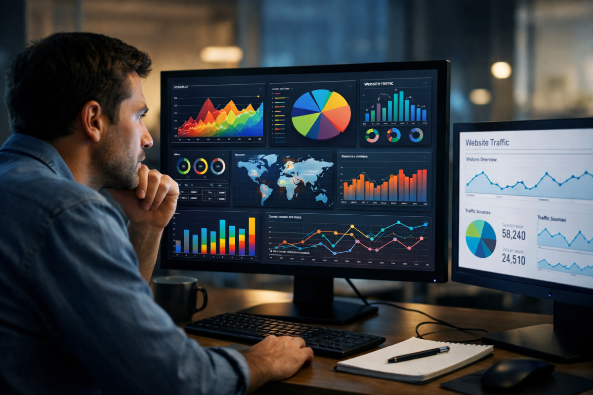 Person reviewing blog analytics dashboard data