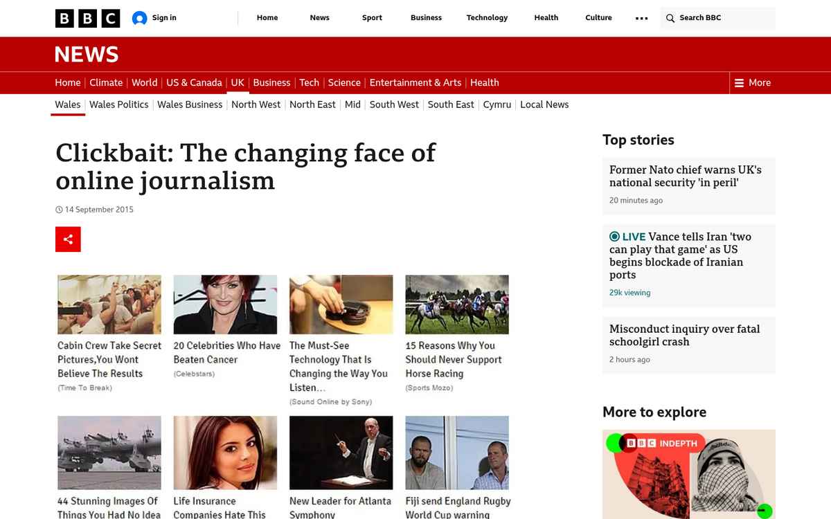 Misleading clickbait headline example on screen