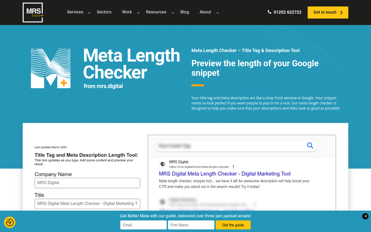 Short headline example on webpage screenshot