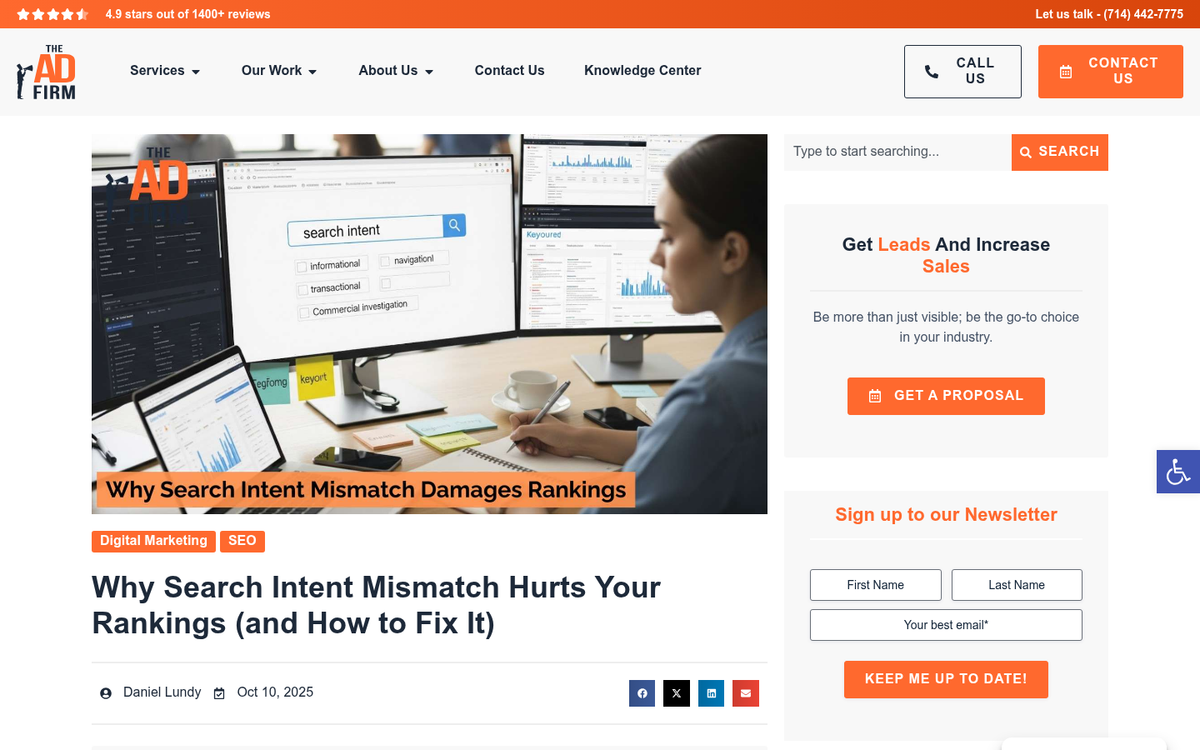 Website screenshot showing headline and content alignment