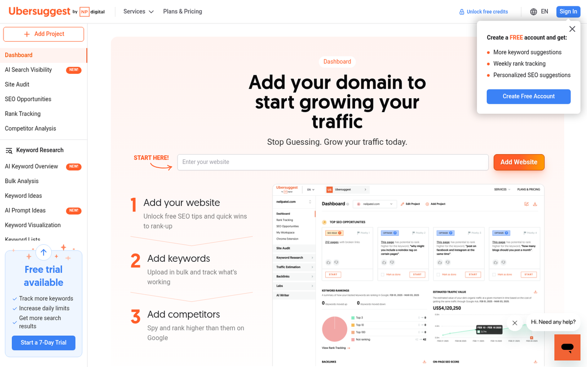Ubersuggest keyword research tool interface screenshot