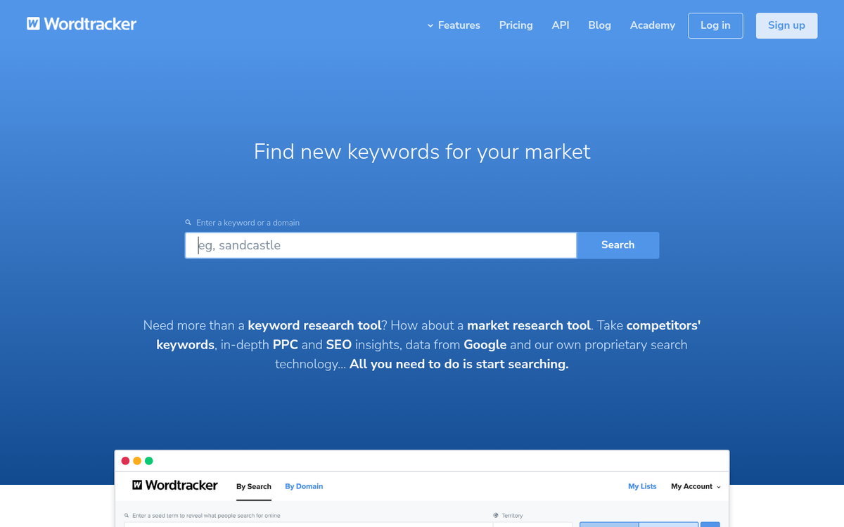 Wordtracker keyword research tool interface screenshot