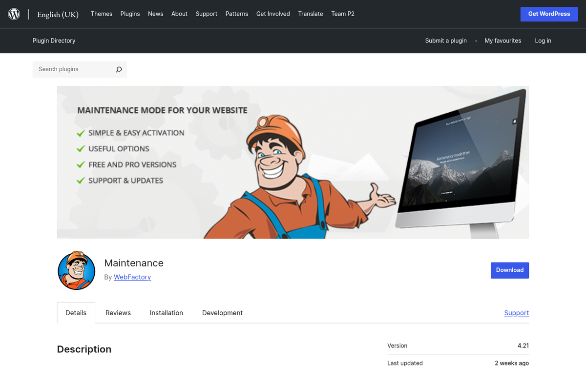 WordPress site maintenance dashboard screenshot